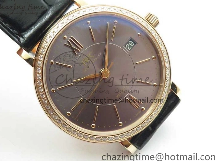 MIROTIME 1228 Durable Portofino 37mm RG V7F 1:1 Best Edition Gray Dial Diamonds Bezel on Black Leather Strap A 7089